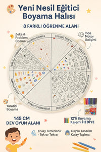 🎨 Eğitici Boyama Oyun Halısı 145 cm | Silinebilir Çocuk Aktivite Halısı + 12'li Kalem Hediyeli