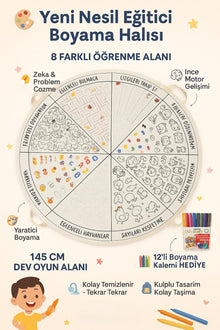 🎨 Eğitici Boyama Oyun Halısı 145 cm | Silinebilir Çocuk Aktivite Halısı + 12'li Kalem Hediyeli