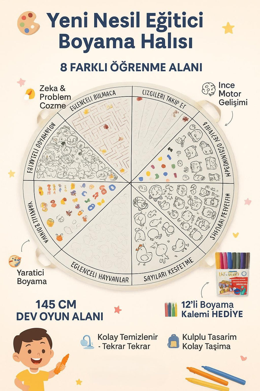 🎨 Eğitici Boyama Oyun Halısı 145 cm | Silinebilir Çocuk Aktivite Halısı + 12'li Kalem Hediyeli